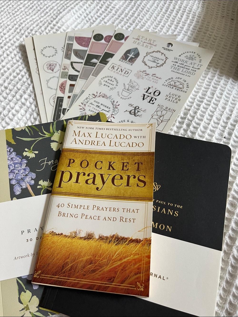 Bible Journal, Pocket Prayers by Max Lucado - prayer journal. Faith stickers